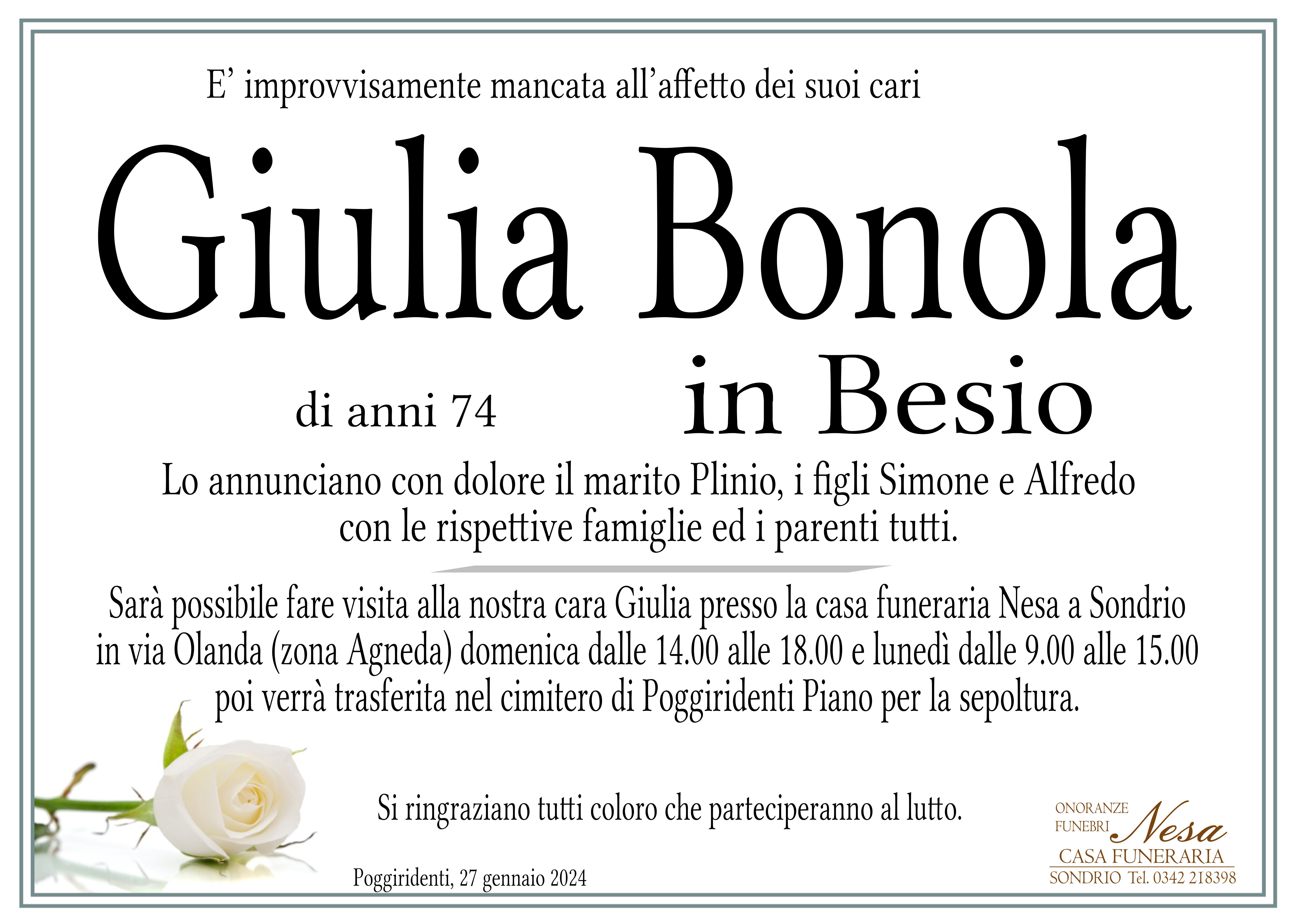 Necrologio Giulia Bonola in Besio